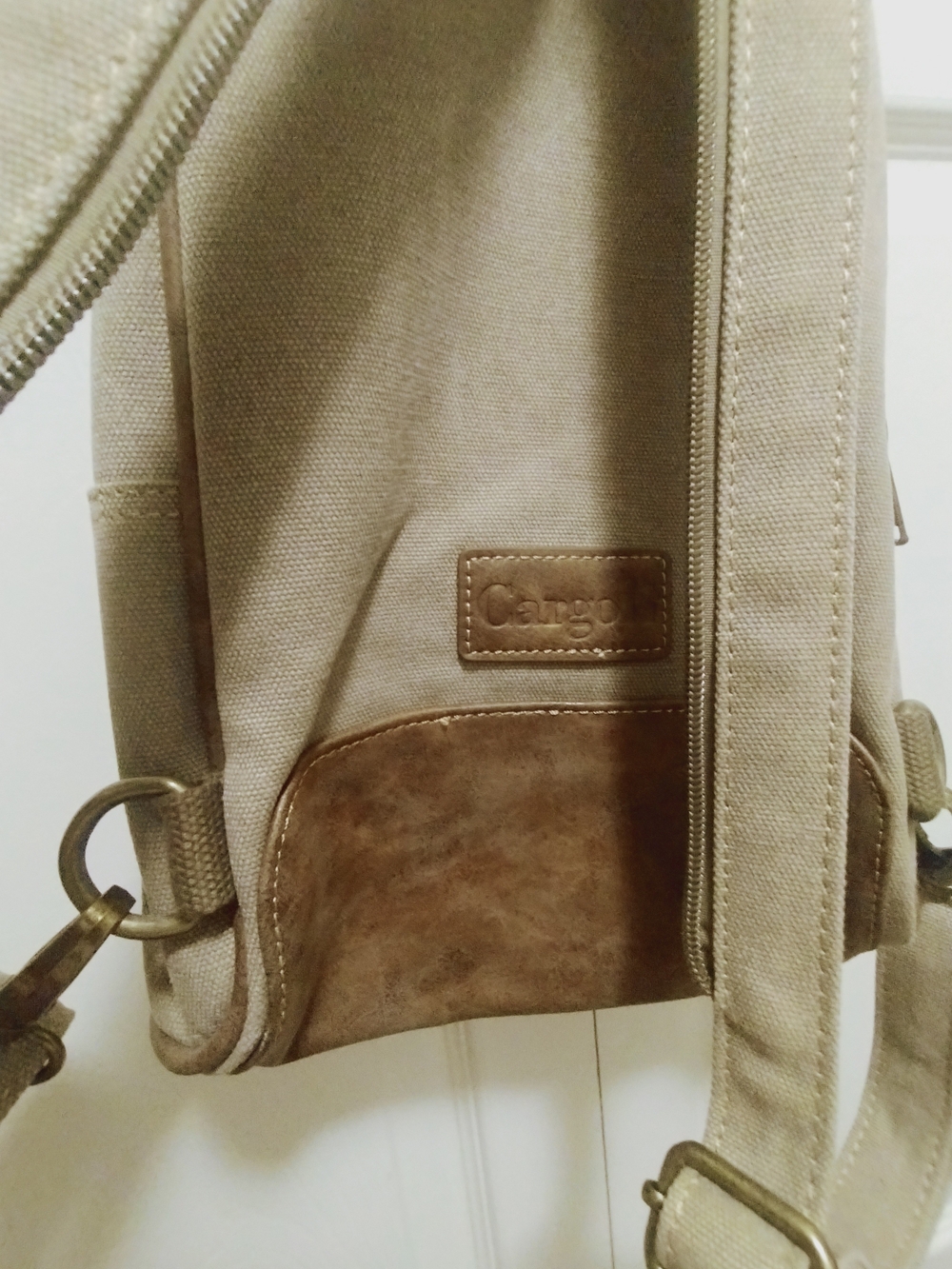 Canvas Sling Backpack in Beige with Brown Leather Trim